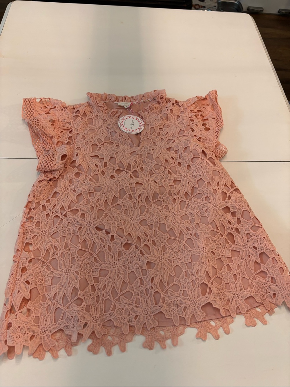 Umgee Peach Pink Lace Crochet Flutter Sleeve Top